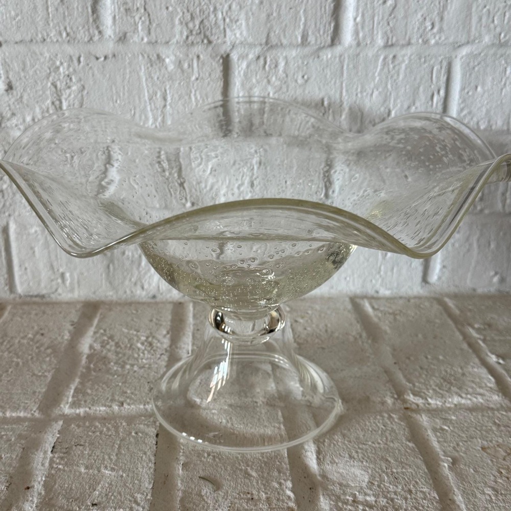 Murano Style Bubble Glass Pedestal‎ Bowl Ruffled Rim Compote Vintage Clear